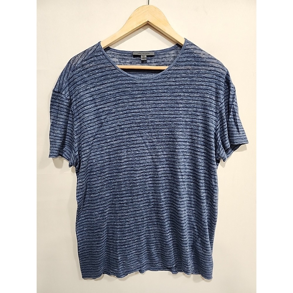 John Varvatos Linen Shirt Womens‎ XL Blue Striped, Short Sleeve 100% Linen